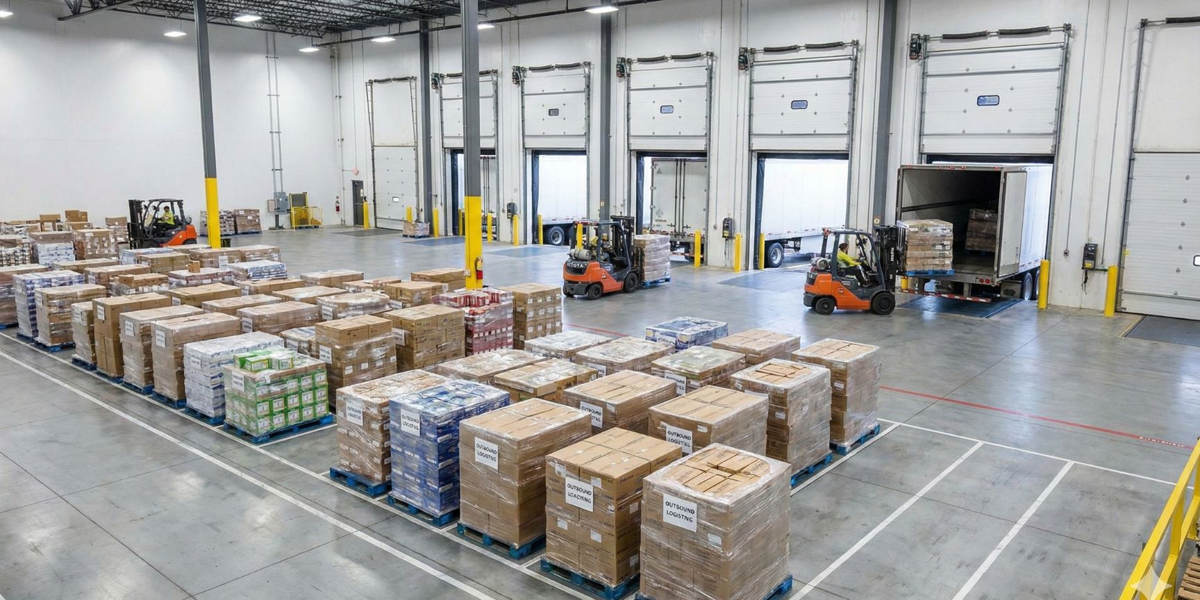 Weitwinkelaufnahme einer modernen Logistikhalle mit einem belebten Warenausgangsbereich. Im Vordergrund sind aufgereihte, folierte Paletten in einer markierten Bereitstellungszone zu sehen. Im Hintergrund verladen Gabelstapler Paletten in angedockte LKW-Auflieger an mehreren Verladetoren